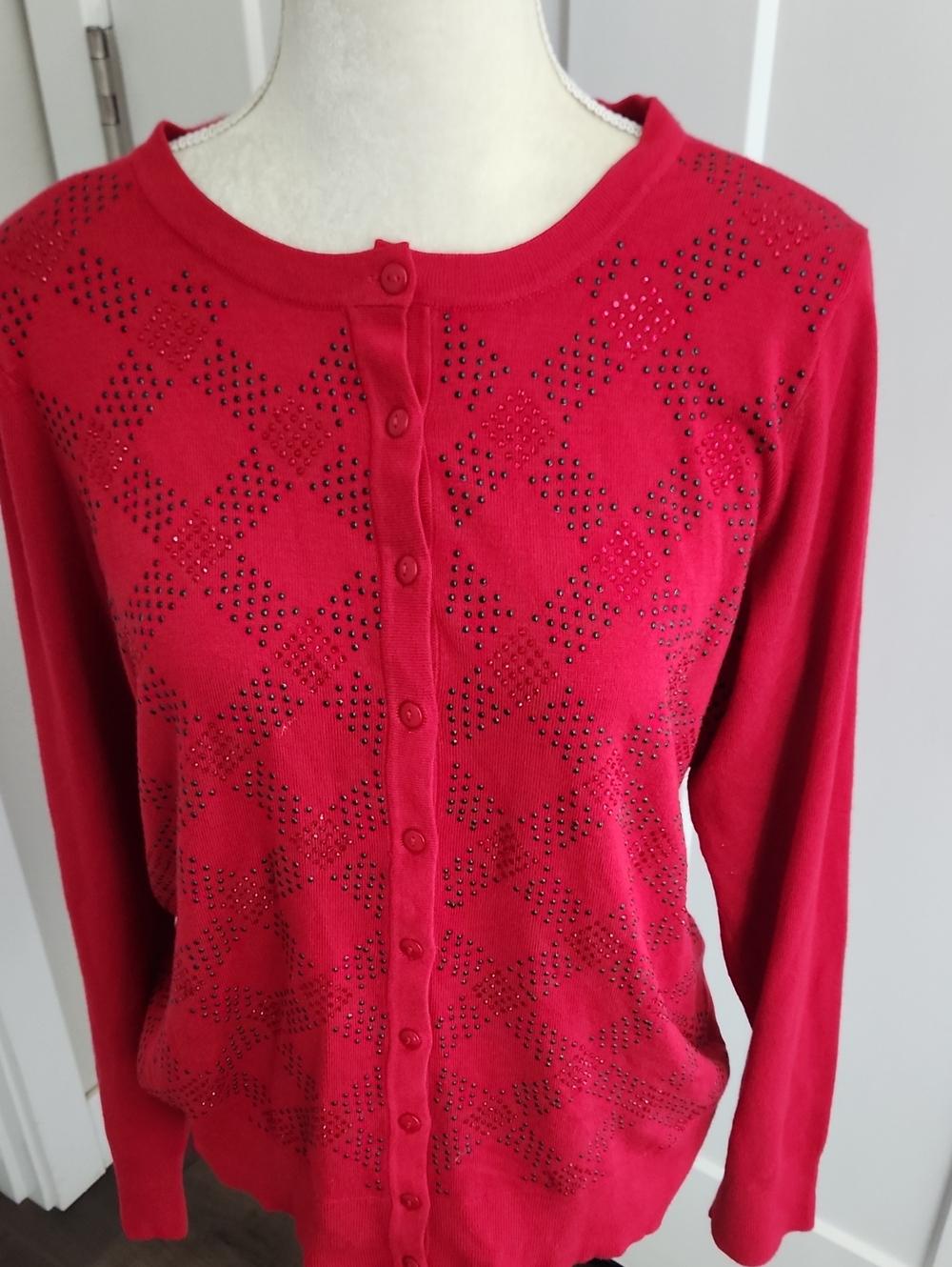 Charter Club Red Button-Front Cardigan with Studded Diamond Pattern